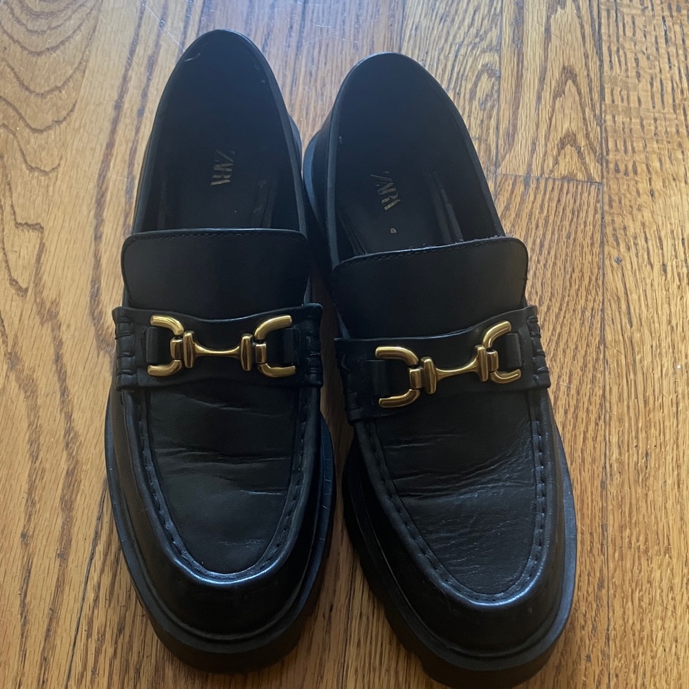 Zara Black heeled Loafers with Gold Detail